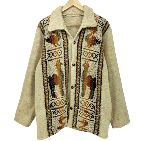 vintage アニマル柄 刺繍 ロングスリーブ ニットシャツ カーディガン メンズ