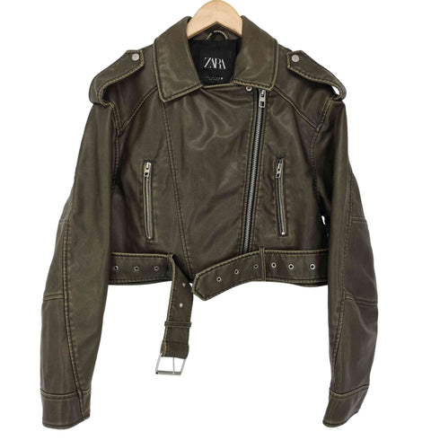 ザラ ZARA フェイクレザー クロップド ライダースジャケット レディース import:L