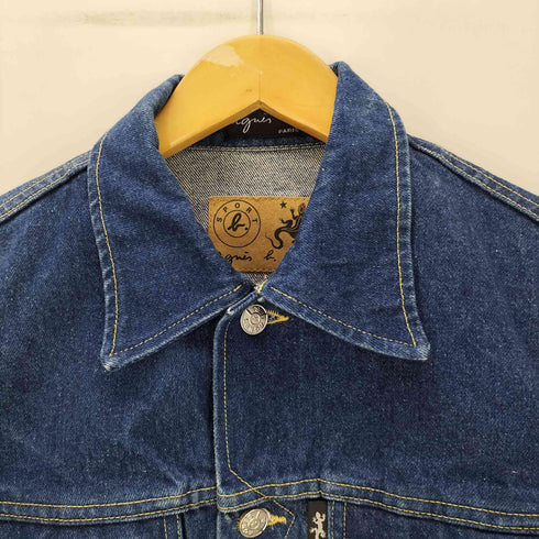 アニエスベー agnes b. PARIS 90S MADE IN FRANCE 旧タグ トカゲ 革パッチ サンライズ期 フランス製 デニム トラッカー ジャケット 濃絹 短丈 archive アーカイブ メンズ 2