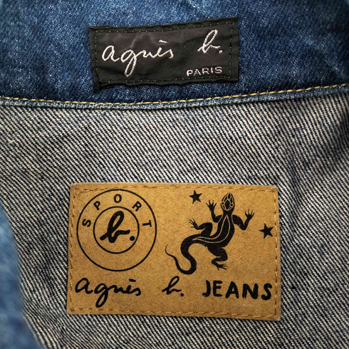 アニエスベー agnes b. PARIS 90S MADE IN FRANCE 旧タグ トカゲ 革パッチ サンライズ期 フランス製 デニム トラッカー ジャケット 濃絹 短丈 archive アーカイブ メンズ 2