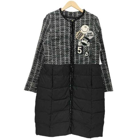 COOLA TIQUES LUXURY LIMITED EDITION ツイード切替 ノーカラー ワッペン 中綿 ロングコート レディース JPN:38
