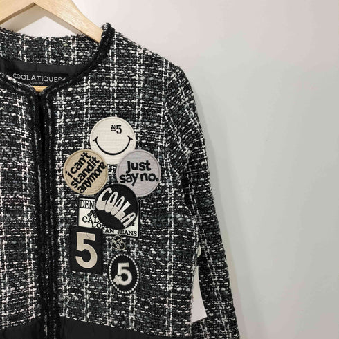 COOLA TIQUES LUXURY LIMITED EDITION ツイード切替 ノーカラー ワッペン 中綿 ロングコート レディース JPN:38
