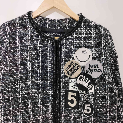 COOLA TIQUES LUXURY LIMITED EDITION ツイード切替 ノーカラー ワッペン 中綿 ロングコート レディース JPN:38