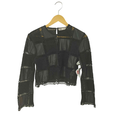 ザラ ZARA クロシェ&フェイクレザー切り替えトップス レディース M