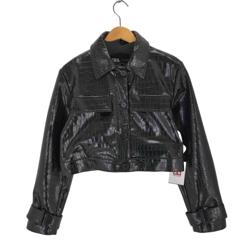 ザラ ZARA クロコ型押し パテントレザージャケット レディース import:XS