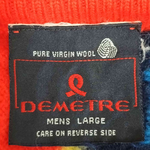 DEMETRE 70-80S USA製 総柄 マルチカラー ロゴワッペン ウール クルーネックニット セーター メンズ import:L