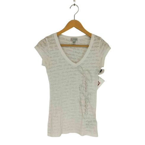 ゲス GUESS Y2K ラインストーン VネックTシャツ ピチT レディース JPN:XS