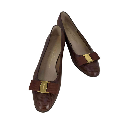 サルヴァトーレフェラガモ Salvatore Ferragamo リザード型押し ヴァラリボンパンプス レディース US:6.5