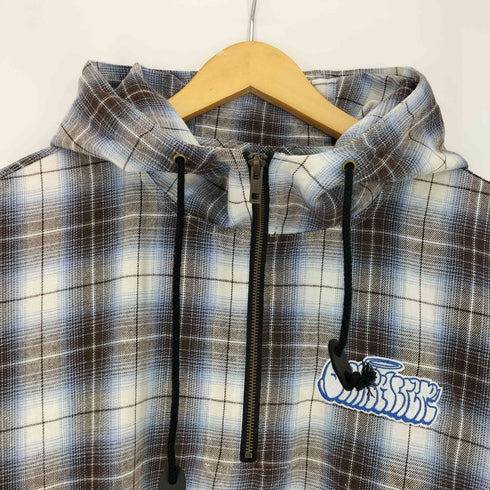 センチメーター centimeter オンブレチェック ロゴ刺繍 ハーフジップ フード付き プルオーバーパーカー 裾ドローコード メンズ JPN:L