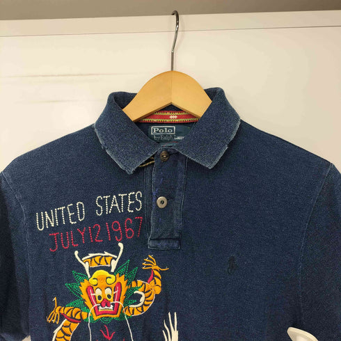 ポロバイラルフローレン Polo by RALPH LAUREN 龍 刺繍 インディゴ ピケ 鹿の子 ポロシャツ メンズ import:S