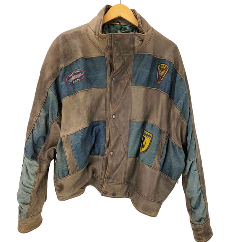 裏地チェック ワッペン カスタム レザー デニム コンビ YKKジップ ボンバー ジャケット ブルゾン メンズ 52