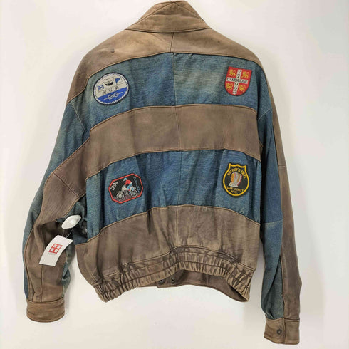 裏地チェック ワッペン カスタム レザー デニム コンビ YKKジップ ボンバー ジャケット ブルゾン メンズ 52