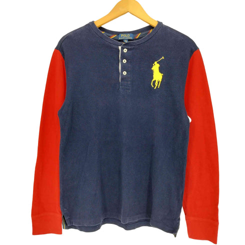 ポロラルフローレン POLO RALPH LAUREN 現行タグ ビックポニー刺繍 カラー切替 ヘンリーネック ロングスリーブTシャツ レディース import:L
