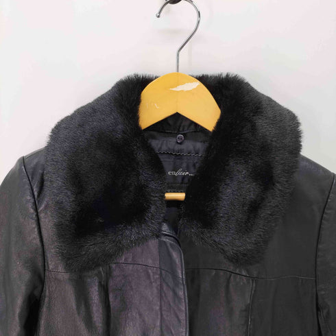 豚皮 ピッグレザー 襟ファー 比翼ボタン レザー ステンカラー コート レディース