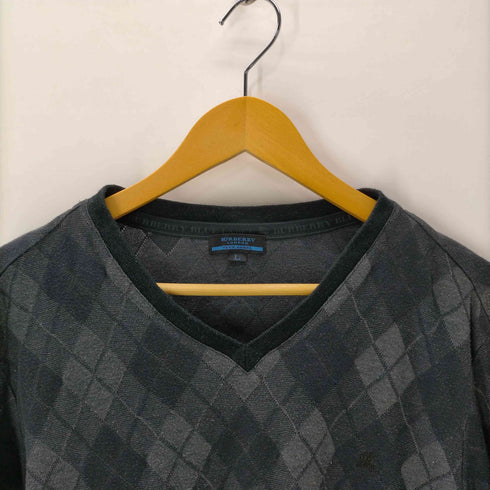 バーバリーブルーレーベル BURBERRY BLUE LABEL V-neck Cotton Argyle Knit Sweater ホース ロゴ 刺繍 Vネック ローゲージ コットン アーガイル ニット セーター レディース import:L
