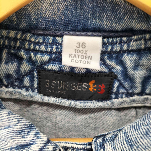 3SUISSES 短丈 クロップド サイドレースアップ デニム シングル ライダースジャケット トラッカージャケット レディース FR:36