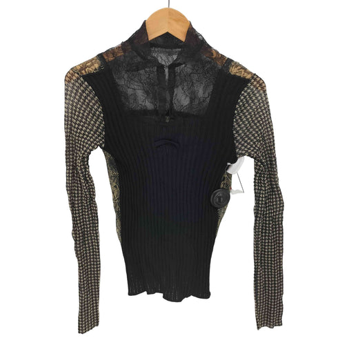 ジャンポールゴルチエマイユ Jean Paul GAULTIER MAILLE 90-00S レース ニット切替 ハウンドトゥース サファリ柄 ハイネックブラウス レディース import:S