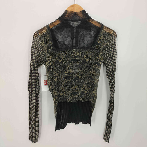 ジャンポールゴルチエマイユ Jean Paul GAULTIER MAILLE 90-00S レース ニット切替 ハウンドトゥース サファリ柄 ハイネックブラウス レディース import:S