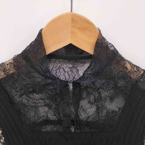 ジャンポールゴルチエマイユ Jean Paul GAULTIER MAILLE 90-00S レース ニット切替 ハウンドトゥース サファリ柄 ハイネックブラウス レディース import:S