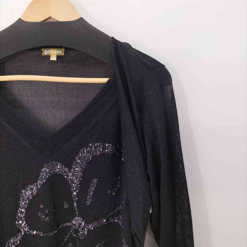 ジョンガリアーノ JOHN GALLIANO 00S 変形 フラワー スパンコール ローゲージ ラメ Vネック ニット レディース import:S