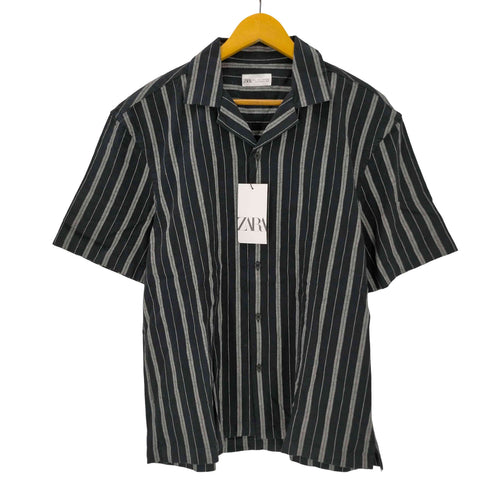 ザラ ZARA ストライプ リネンオープンカラーシャツ メンズ import:L