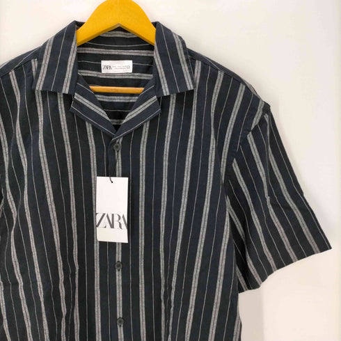 ザラ ZARA ストライプ リネンオープンカラーシャツ メンズ import:L
