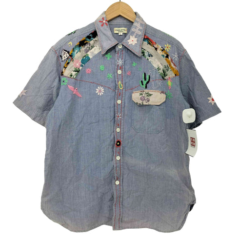 エターナル ETERNAL HANDLEVEL 刺繍 デザイン 異素材 総柄 切替 マチ付 シャンブレー S/S シャツ メンズ JPN:L