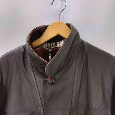 Genuine Leather 裏地ストライプ 本革 ジップ レイヤード デザイン リアルレザー カバーオール ジャケット メンズ import:M