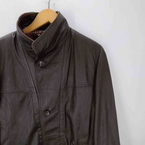 Genuine Leather 裏地ストライプ 本革 ジップ レイヤード デザイン リアルレザー カバーオール ジャケット メンズ import:M