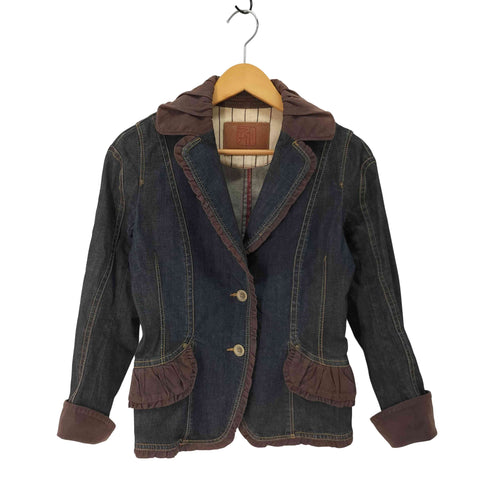 ヒロココシノ HIROKO KOSHINO フリル フェイクスエード切替 2B デニム テーラードジャケット レディース JPN:38