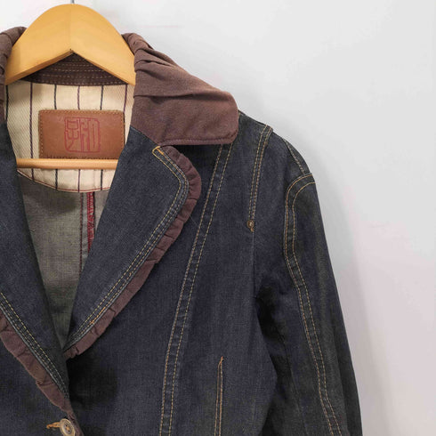 ヒロココシノ HIROKO KOSHINO フリル フェイクスエード切替 2B デニム テーラードジャケット レディース JPN:38