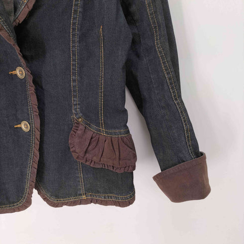 ヒロココシノ HIROKO KOSHINO フリル フェイクスエード切替 2B デニム テーラードジャケット レディース JPN:38