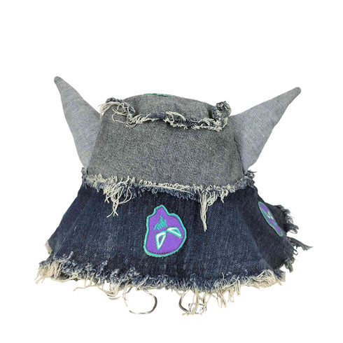 スカルワッペン 角デザイン デニム バケットハット Y2K レディース