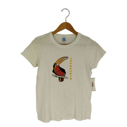 OUEJITA 90s オウム VENEZUELA プリント 裾シングルステッチ ポリコットン S/S クルーネックTシャツ レディース 34