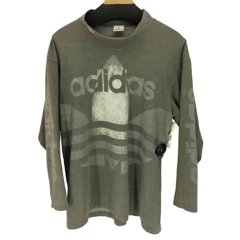 アディダス adidas 80-90S デサント製 ビッグ トレフォイルロゴ プリント モックネック ロングスリーブTシャツ メンズ M-L