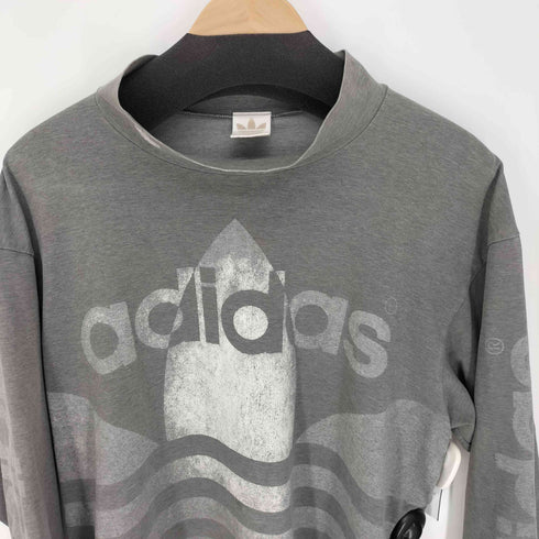 アディダス adidas 80-90S デサント製 ビッグ トレフォイルロゴ プリント モックネック ロングスリーブTシャツ メンズ M-L