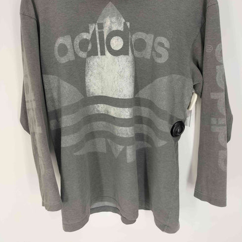 アディダス adidas 80-90S デサント製 ビッグ トレフォイルロゴ プリント モックネック ロングスリーブTシャツ メンズ M-L