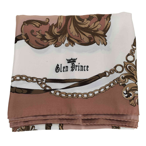 グレンプリンス Glen Prince イタリア製 シルク ロゴ チェーン 総柄 スカーフ レディース