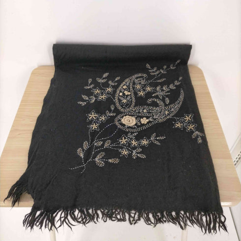 アニエスベー agnes b. PARIS 刺繍デザイン ウールフリンジマフラー レディース