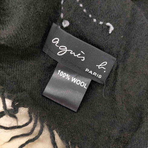 アニエスベー agnes b. PARIS 刺繍デザイン ウールフリンジマフラー レディース