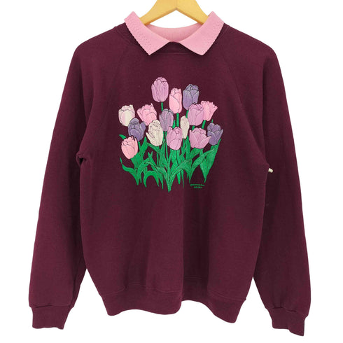 モーニングサン MORNING SUN 90s USA製 Hanesボディ 花プリント 発泡プリント 後付け襟ラグランスウェット レディース import:L