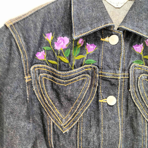 ハートポケットフラワー刺繍デニムトラッカージャケット Y2K レディース M