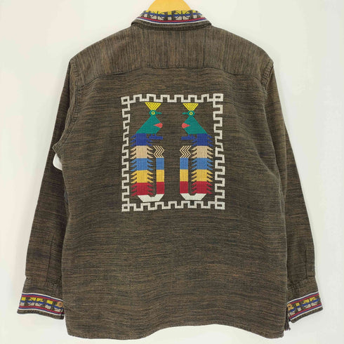 60-70s 猫目ボタン マルチカラー 鳥刺繍 4ポケット オープンカラー グアテマラシャツ メンズ