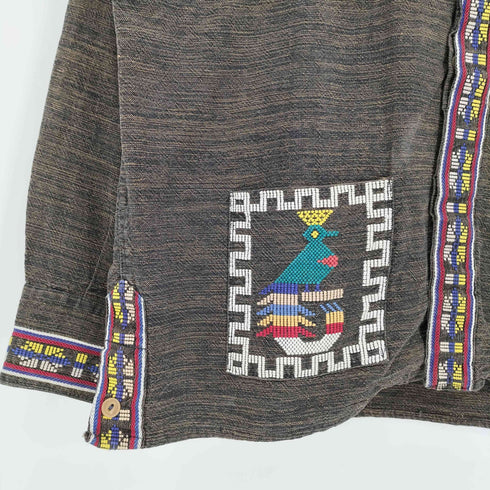 60-70s 猫目ボタン マルチカラー 鳥刺繍 4ポケット オープンカラー グアテマラシャツ メンズ