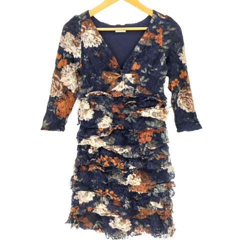 マレーラ MARELLA ルーマニア製 ロゴプレート 花柄 スリットネック フリル ストレッチチュール 5分袖 チュニック レディース import:M