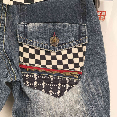 スカルデザイン ダメージデニムパンツ メンズ