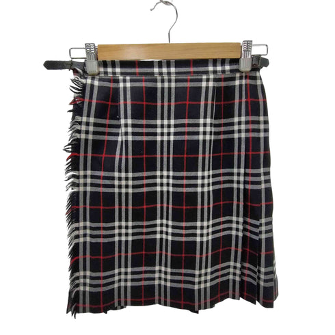 バーバリーブルーレーベル BURBERRY BLUE LABEL Checked Pleated Wrap Midi Skirt レザー ベルト ウール タータン チェック フリンジ 巻き ラップ ミディ プリーツ スカート レディース EUR:38