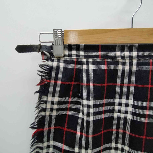 バーバリーブルーレーベル BURBERRY BLUE LABEL Checked Pleated Wrap Midi Skirt レザー ベルト ウール タータン チェック フリンジ 巻き ラップ ミディ プリーツ スカート レディース EUR:38