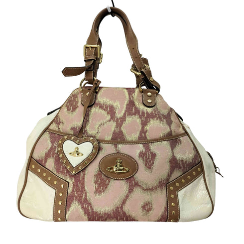 ヴィヴィアンウエストウッド Vivienne Westwood イタリア製 オーブ レオパード レザー エナメル キャンバス ハンドバッグ レディース