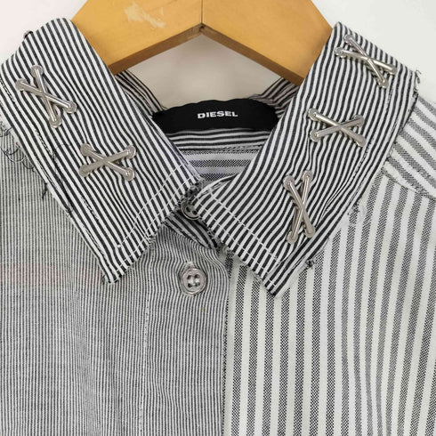 ディーゼル DIESEL ストライプ 変形 パッチワーク アシメトリ クロスプレート ノースリブ シャツ ワンピース レディース import:M